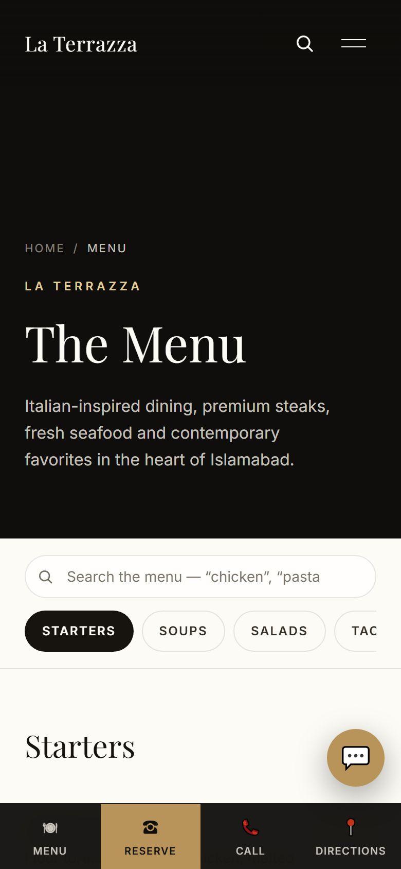 La Terrazza menu page on a phone, with menu search and category buttons